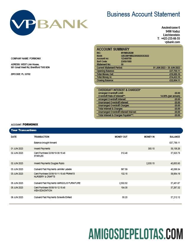Em branco VP Bank Firm modelo de extrato de conta Word e PDF